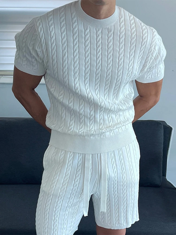 Fashion Mens Knitting Two Piece Sets Summer Stylish Twist Textured Knit T Shirts And Shorts Men Outfits Casual Solid Color Suits