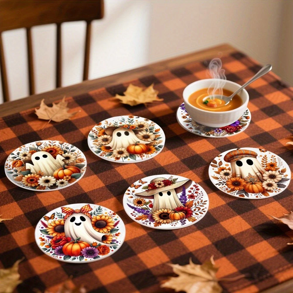 6PCS 2D 10CM Halloween Autumn Ghost Wooden Cup Coaster Pumpkin Fallen Leaves Pattern Heat-Resistant Cup Mats Home Party Decor