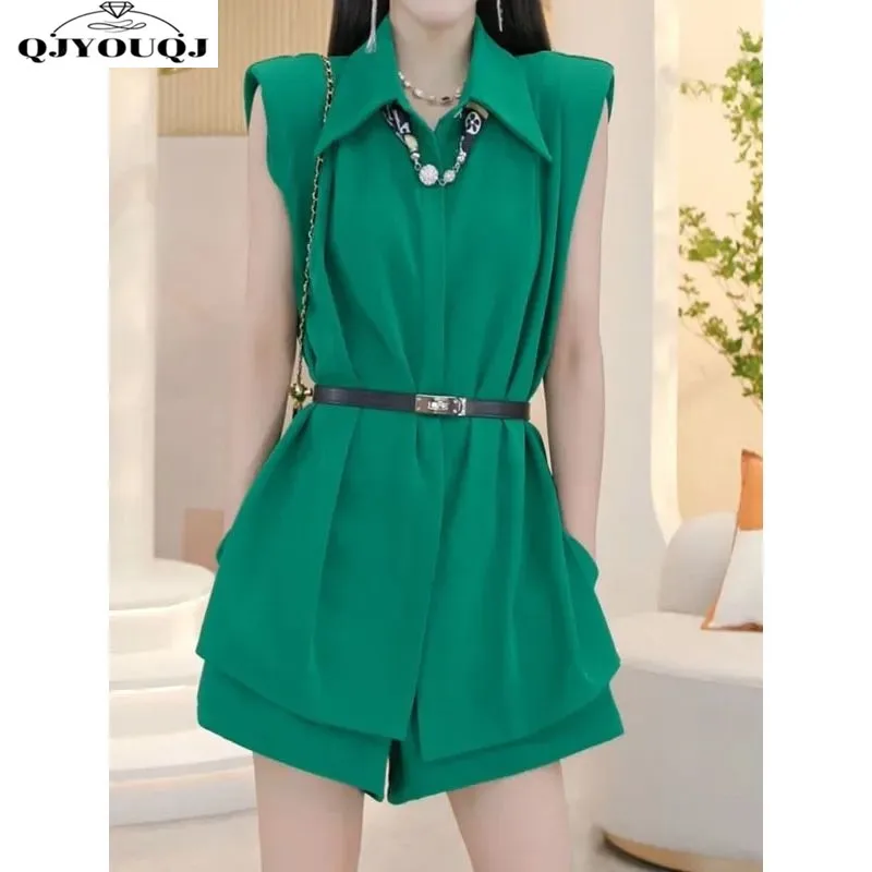 2024 Summer Fashion Simple Commuting Solid Color POLO Collar Shirt Sleeveless Sexy Slimming Top+Shorts Set