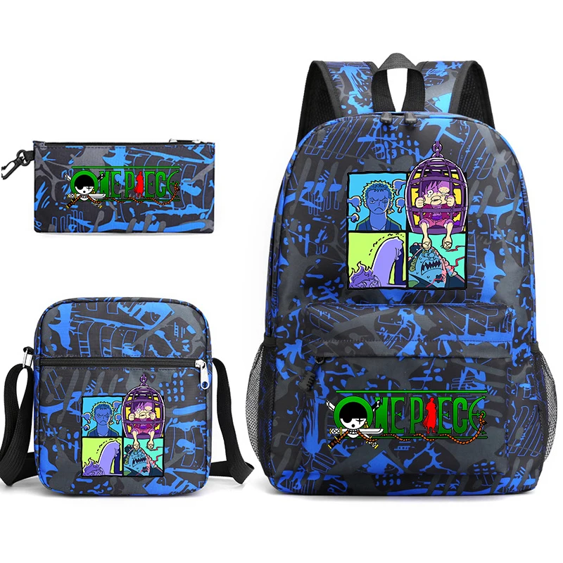 Conjunto de mochila escolar com estampa One Piece Zoro, com bolsa de ombro e estojo para crianças, adolescentes, viagens escolares, leve