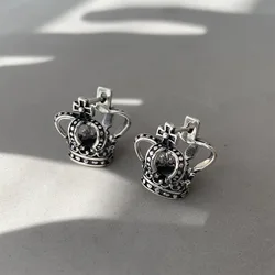 PONYKISS Vintage 925 Sterling Silver Cross Hollow Crown Hoop Stud Earrings Buckle for Women Cute Fine Jewelry Chic Drop Shipping