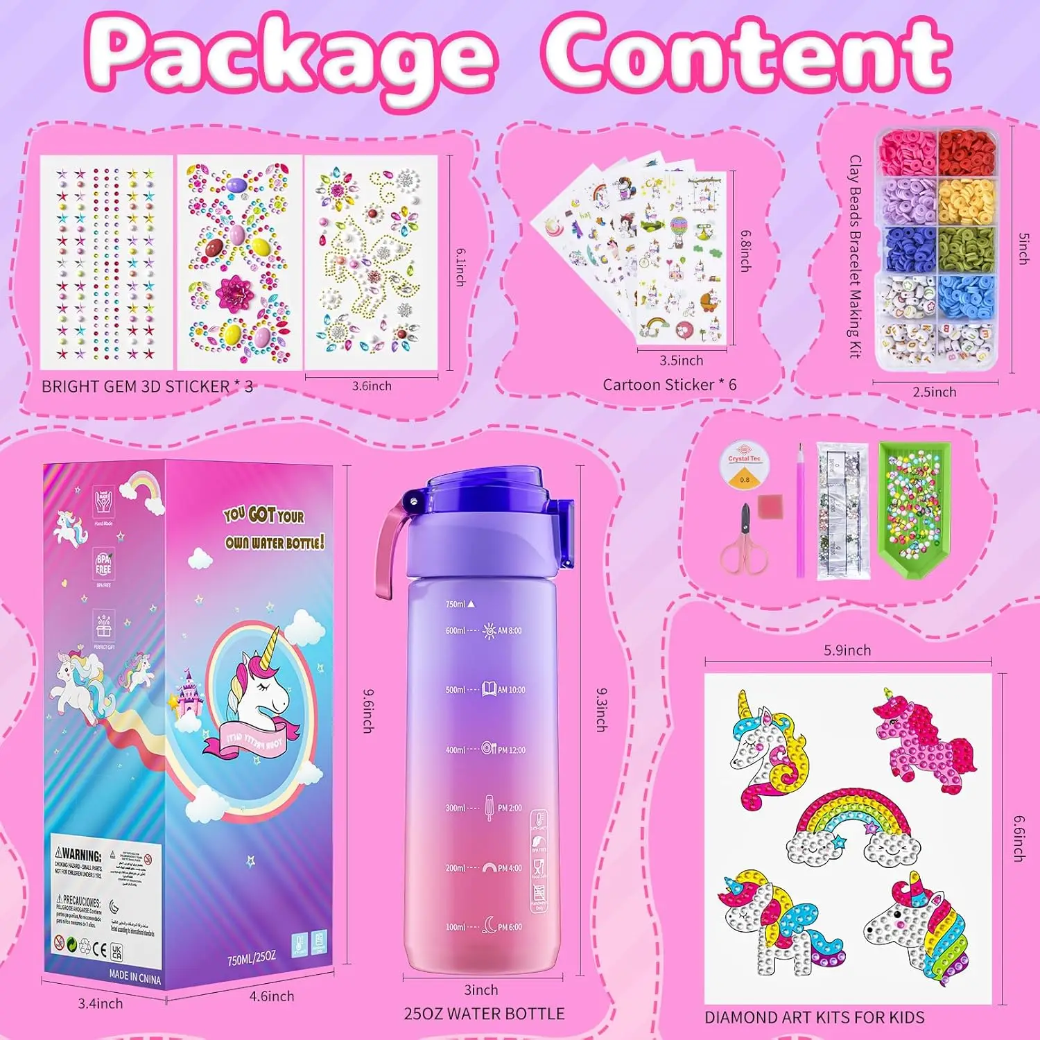 Decorate Your Own Water Bottle Kit for Girl Age 4-6,Unicorn DIY Painte Craft Clay Bead Bracelet Make Kit for Kids Gift Birthday