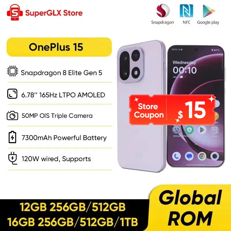 OnePlus 15 Unlocked 5G Smartphone Snapdragon 8 Elite Gen 5 6.78'' 165Hz High Refresh Rate Screen 7300mAh Battery 120W SUPERVOOC