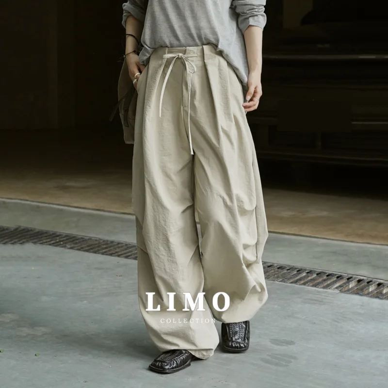 

LIMO осенне-зимние повседневные широкие брюки с высокой талией и эластичной присборенной талией, хлопковые и полиэстеровые брюки для повседневной уличной одежды