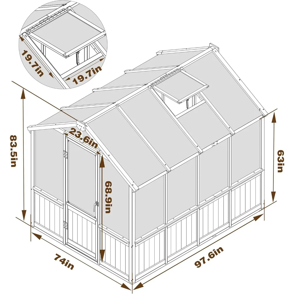 6x8FT greenhouse, outdoor greenhouse with cedar frame, 6MM thick polycarbonate sheet, greenhouse with adjustable vents