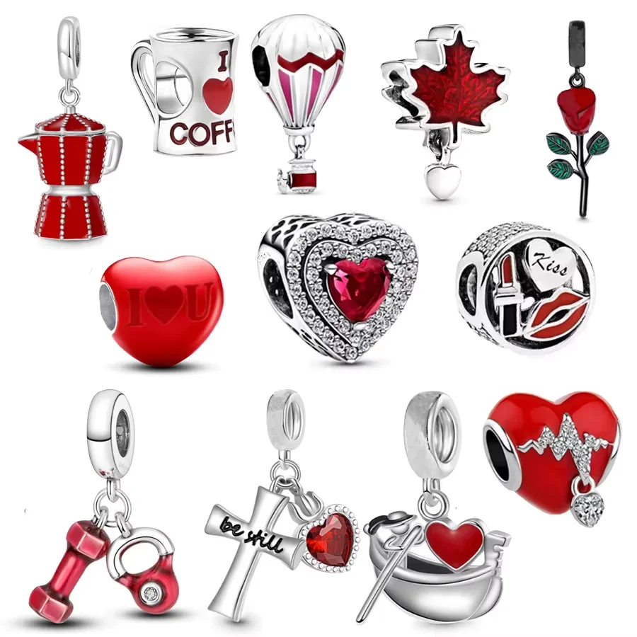 Red Series Sparkling Hearts Hot Air Balloon Rose Dangle Charm Bead Fit Original 925 Sterling Silver Bracelet DIY Jewelry