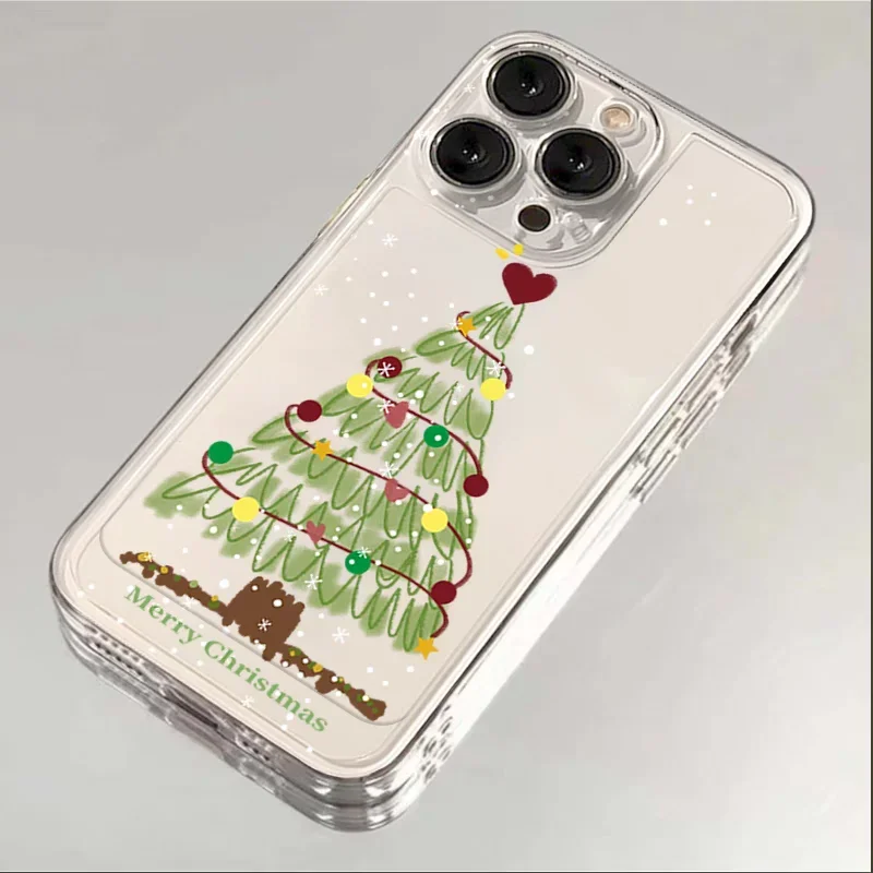 iPhone 16 15 Pro Max 17 11 13 14 Pro Max Plus 17 Air 12 Mini 16E用スマホケース 可愛いクリスマスツリー サンタ エルク 透明カバー