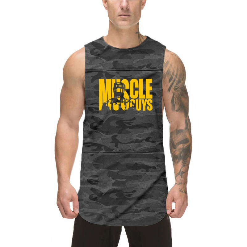 New Gym Bodybuilding Man Casual Sleeveless Camouflage Tank Tops Summer Breathable Sleeveless Mesh Quick Dry Cool Feeling T-shirt