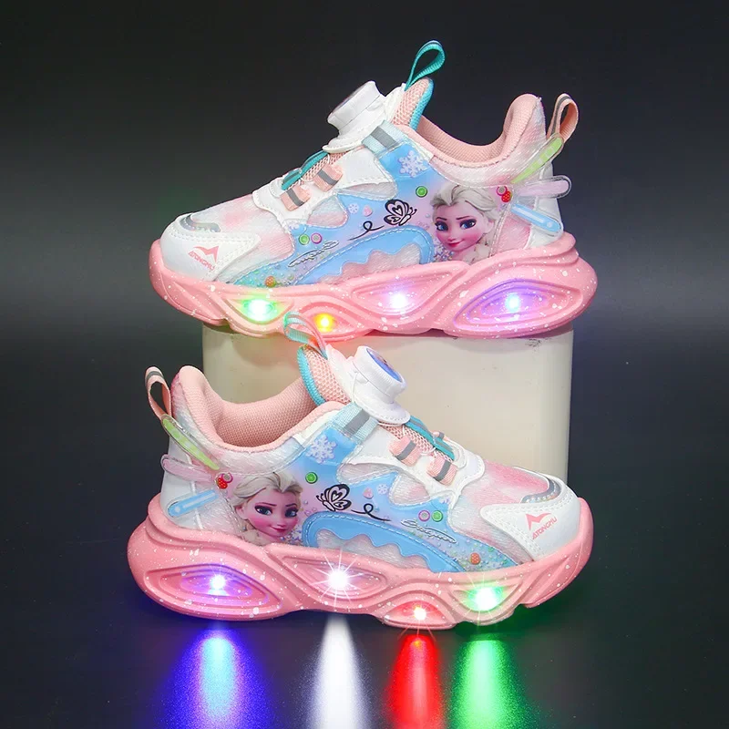 Chaussures décontractées Disney Frozen pour filles, baskets lumineuses à LED, chaussures de princesse Elsa, chaussures chaudes décontractées, cadeau d'anniversaire pour enfants, automne et hiver