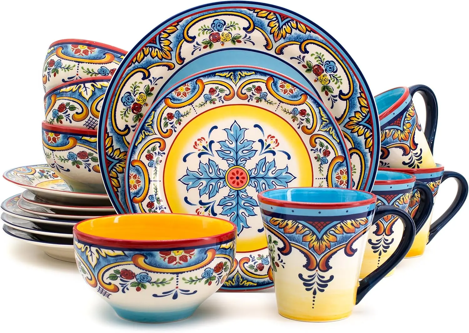 Zanzibar Collection 16 Piece Dinnerware Set Kitchen and Dining, Service for 4, Spanish Floral Design,Multicolor, Blue and Yellow