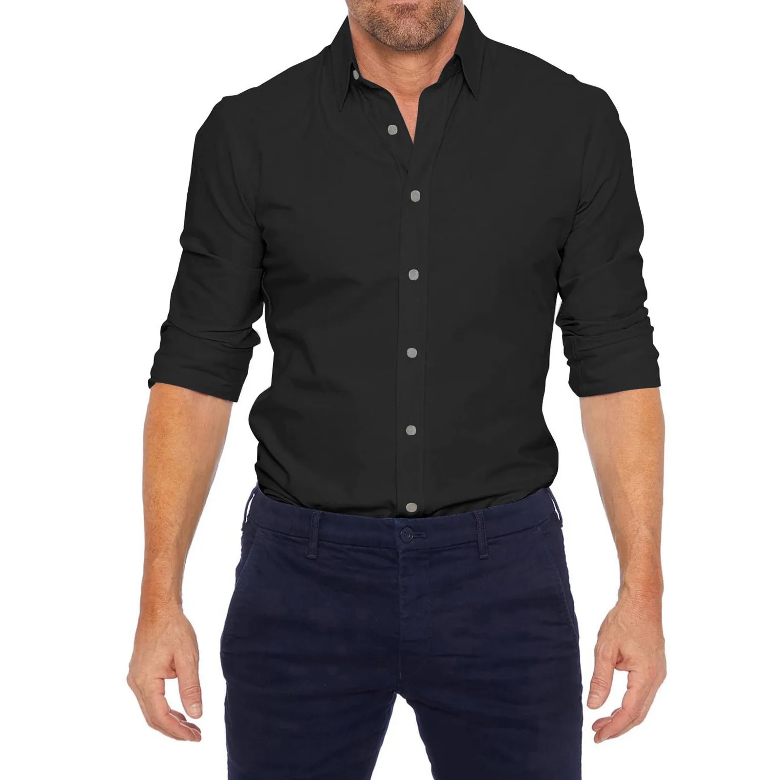 Camisas de vestido casuais masculinas, manga longa, fecho de correr, stretch, sólido, grandes dimensões, tops, moda