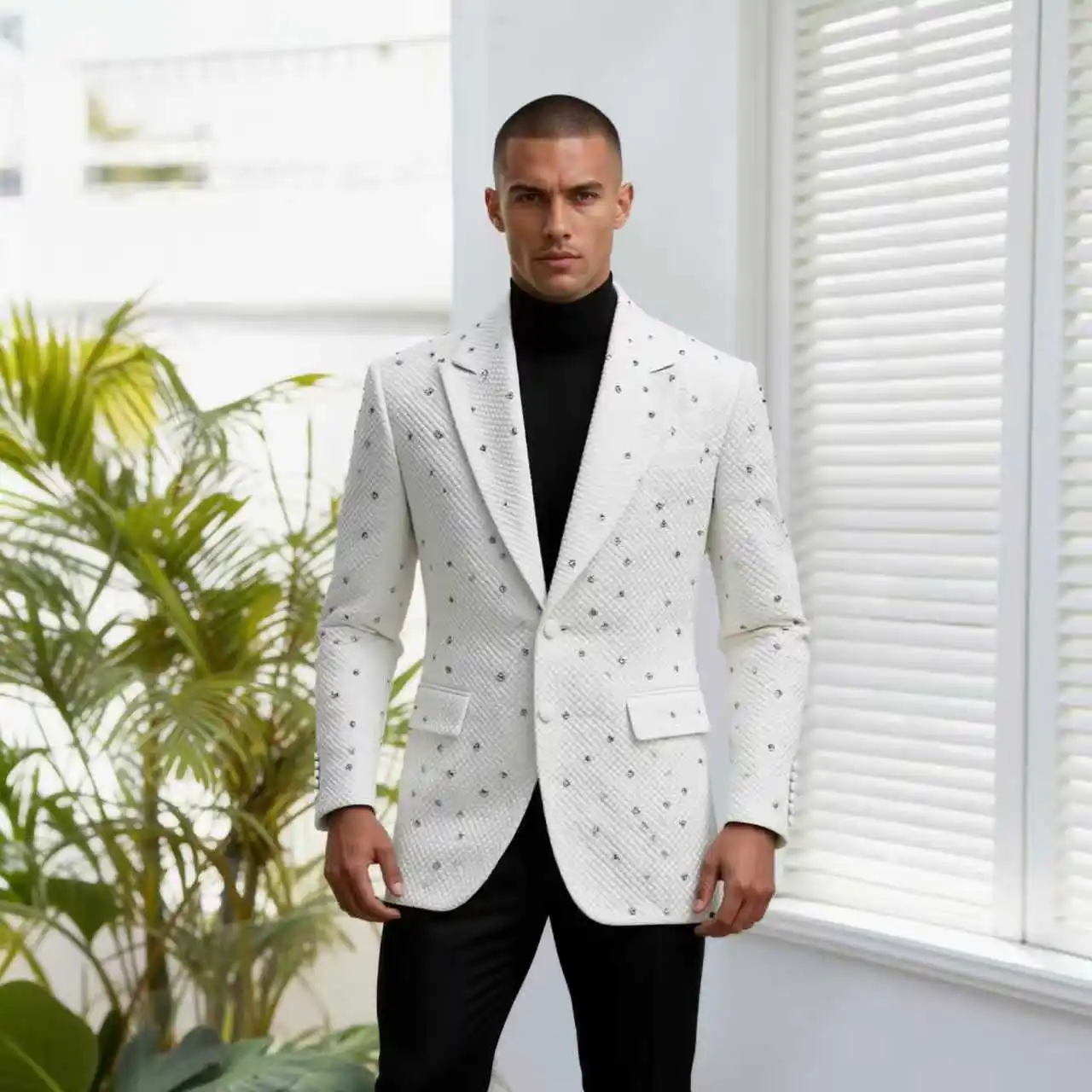 

White Crystals Men Suit Set 2 Piece Blazer+Black Pant Trousers Cotton Customized Formal Office Jacket Groom Wedding Tuxedo Coat