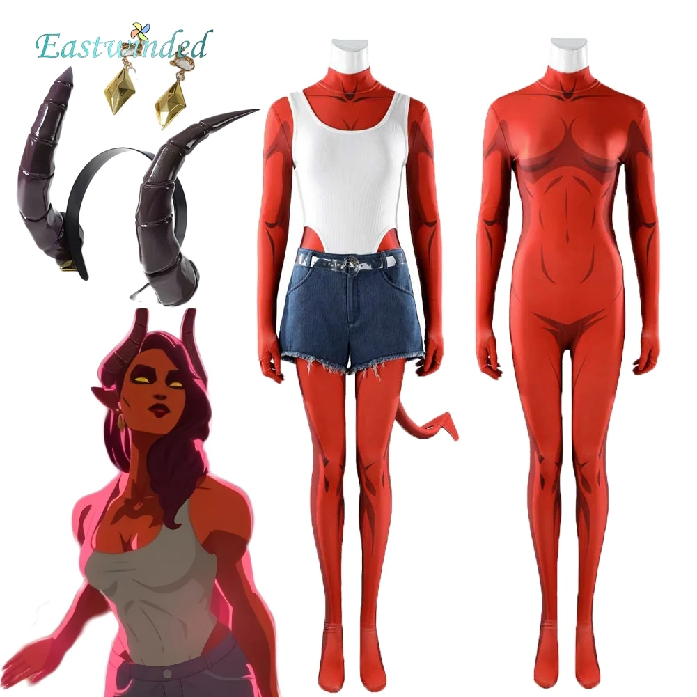 Fantasia de Cosplay Maléfica de Diablo: Colete Branco, Shorts Jeans, Macacão e Trajes para Halloween e Carnaval