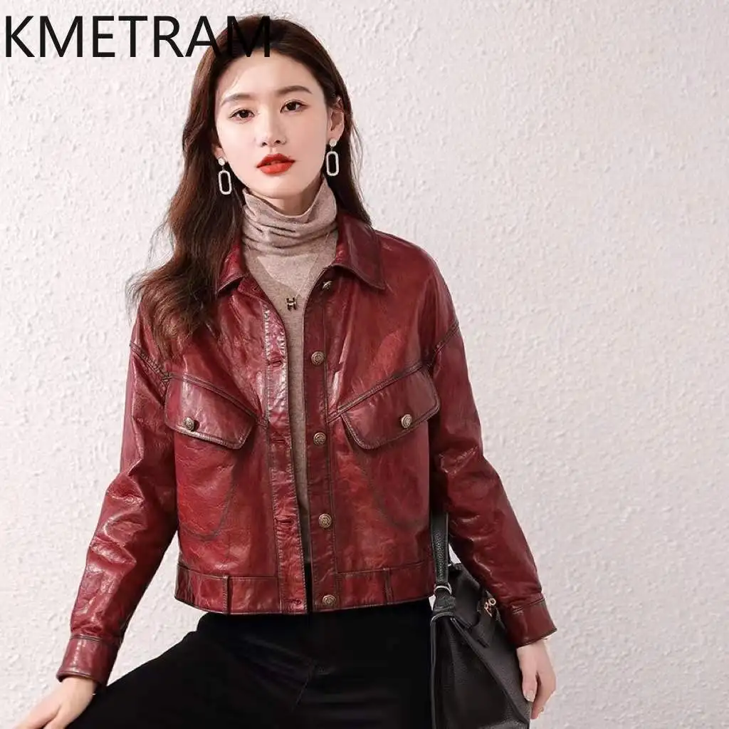 100% echte koeienhuid jas vrouw korte mode bordeaux lederen jassen nieuw in bovenkleding herfstkleding 2025 dames mbaб::ка