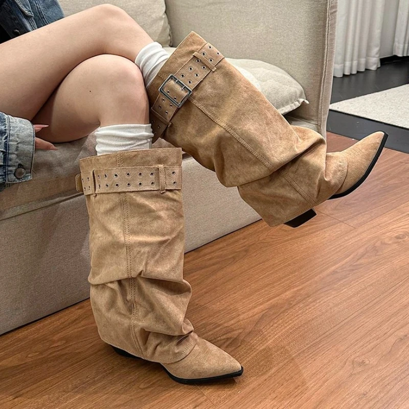 Women Faux Suede Slouch Mid Calf Boots Rivet Metal Buckle Belt Decor Pointed Toe Block Heel Vintage Western Cowboy Botas Mujer