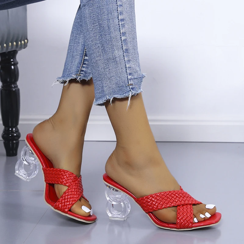 Rimocy Transparent Strange Heels Sandals Women Summer 2024 Fashion Weave Slippers Woman Yellow Open Toe Slides Shoes Plus Size