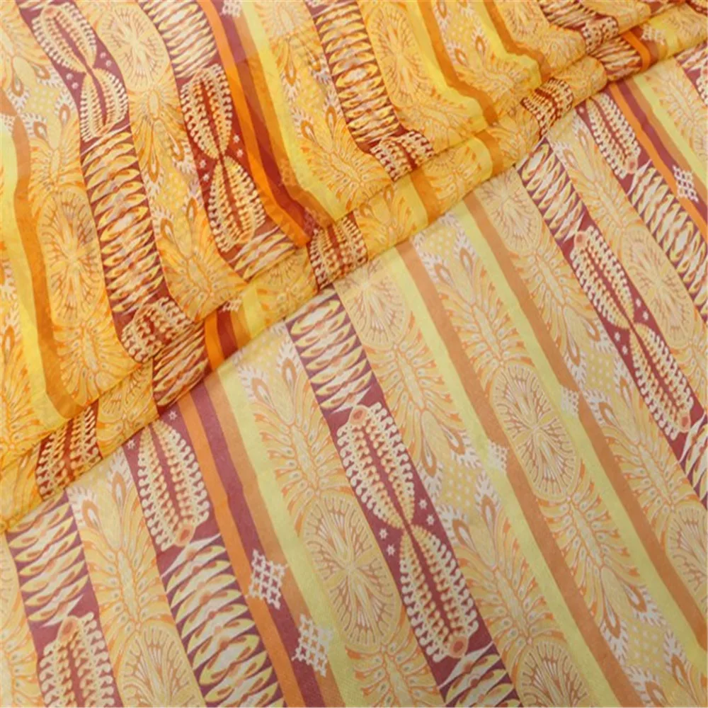 New Coming Soft Gold Printed 100% Pure Smooth Silk Chiffon Fabric Stripe for Spring Lady Clothes Dress