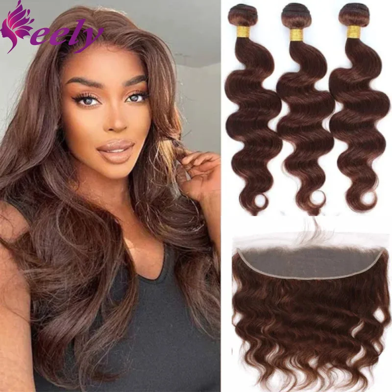 Body Wave Brazilian Human Hair Bundles Brown #4 Frontal 13x4 Lace Human Hair Bundles With Closure Body Wave Extensions 24 Inch