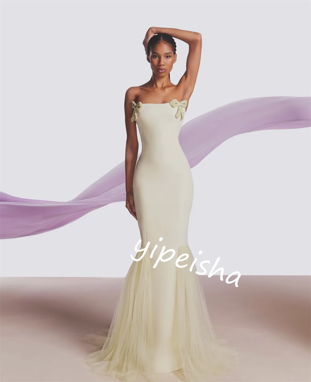 Customized Sparkle Exquisite Jersey Draped Bow Cocktail Party Mermaid Strapless Bespoke Occasion Gown Long Dresses