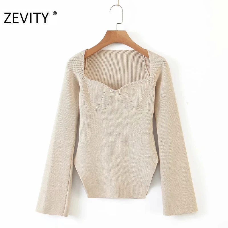 ZEVITY NEW women sexy square collar solid knitting casual slim sweater female long sleeve side split pullover sweater tops S385