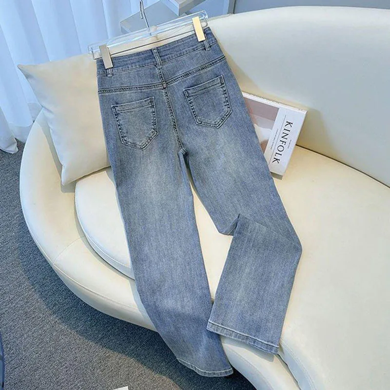 Spring Autumn New Women's Stretch Jeans Ninth Straight Pants Fashion Female Korean High-waisted Slit Cowboy Pants Blue