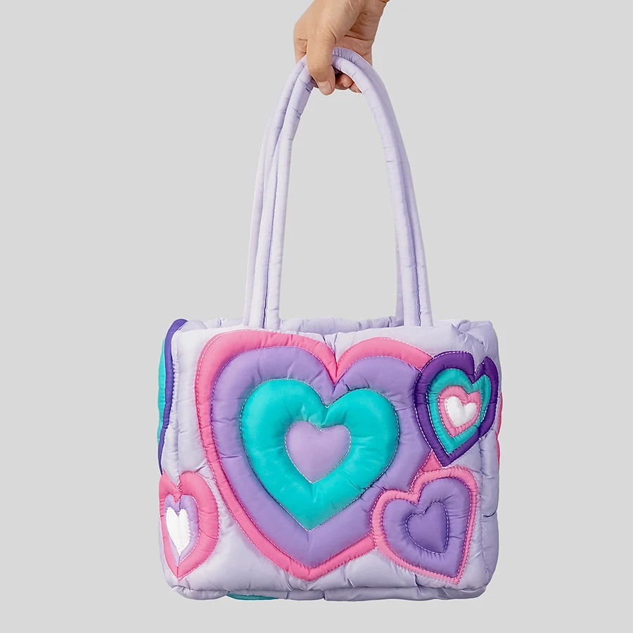 Casual Colorful Heart Padded Women Shoulder Bags Designer Quilted Lady Handbags Nylon Down Cotton Tote Bag Sweet Puffy Purses