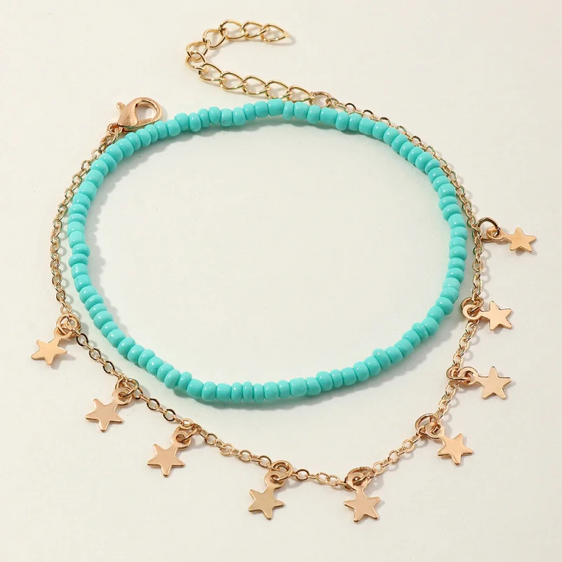 2pcs/set Vacation Anklet Set – A Layered Bead & Star Accent, a Getaway-Ready Accessory.