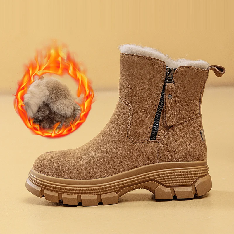 

Зимняя обувь из натуральной кожи, женские зимние ботинки, теплые плюшевые нескользящие модные брендовые женские ботильоны на плоской подошве, толстая подошва 4 см, DX752