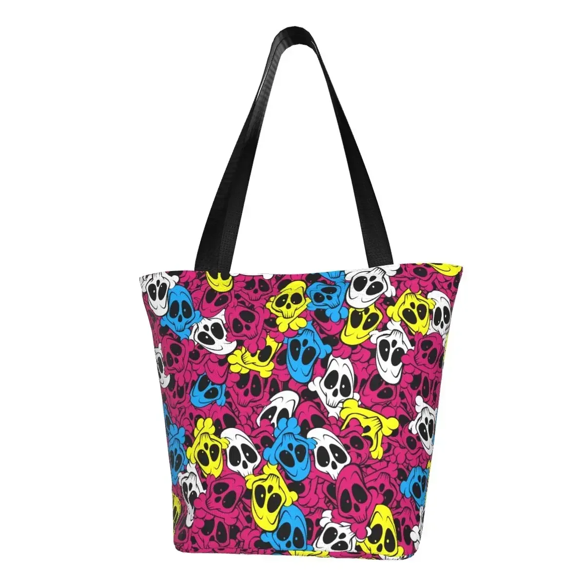 Custom Scary Skull Skeleton Canvas Shopping Bags Women Portable Groceries Halloween Goth Shopper Tote Bags