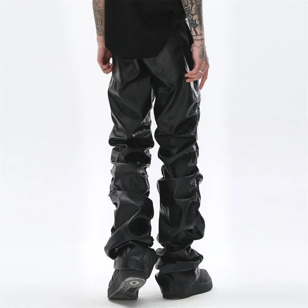 2025 dark punk men's trousers design sense glossy pleated PU leather pants men loose casual Man trousers