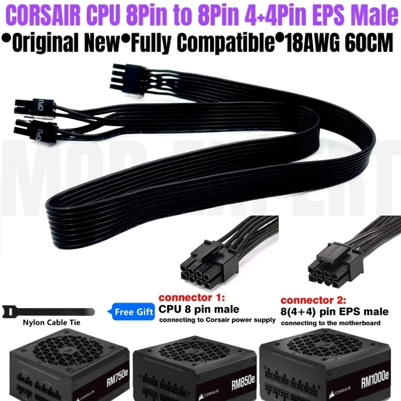 

Original CORSAIR RM750e RM850e RM1000e RMe Modular PSU 8Pin to 4+4Pin EPS12V CPU Power Cable 65CM 18AWG for CORSAIR Power Supply