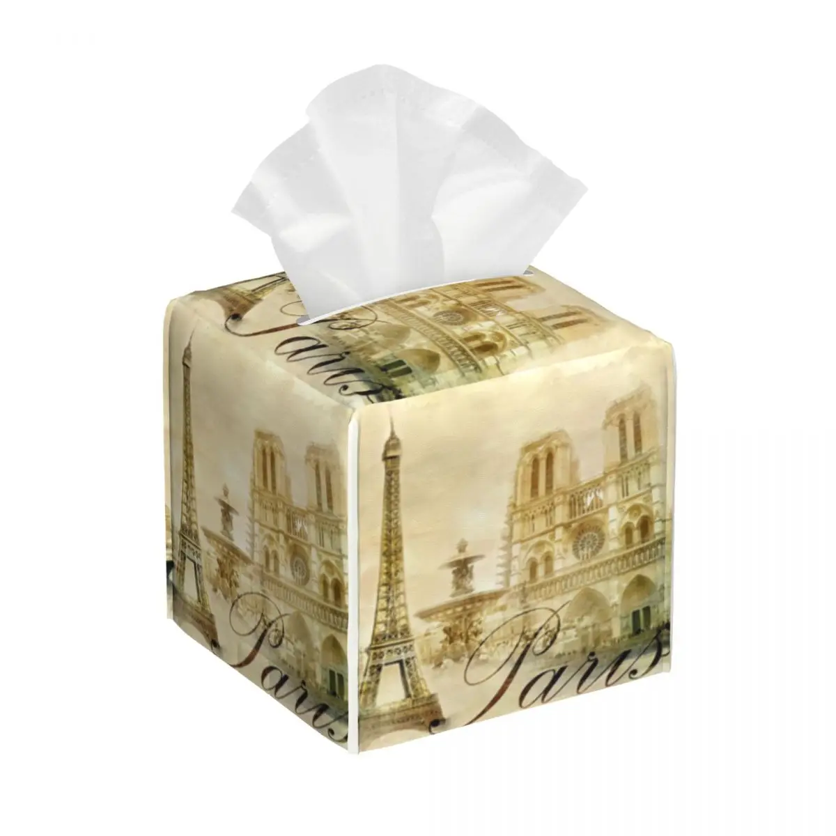 Custom France Paris Eiffel Tower Tissue Box Cover PU Leather Square Facial Tissues Holder for Car