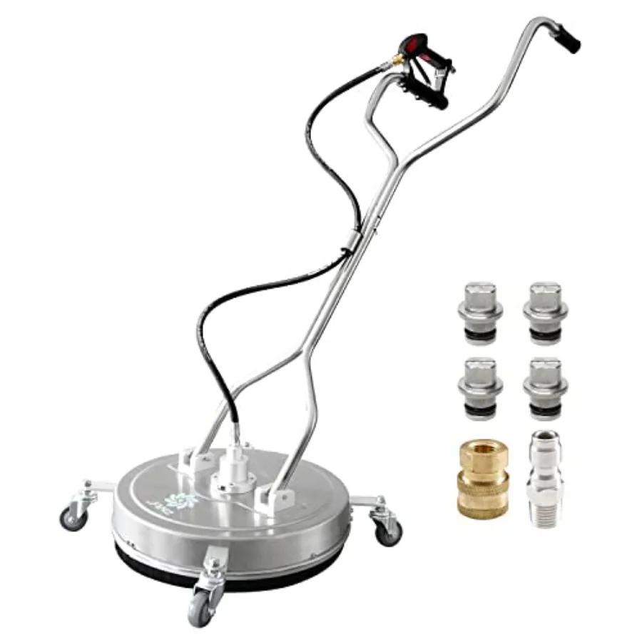 

20" Pressure Washer Surface Cleaner with 4 WheelsDual Handle Stainless Steel Housing 4 Replacement Nozzles and 2 Hose Adap