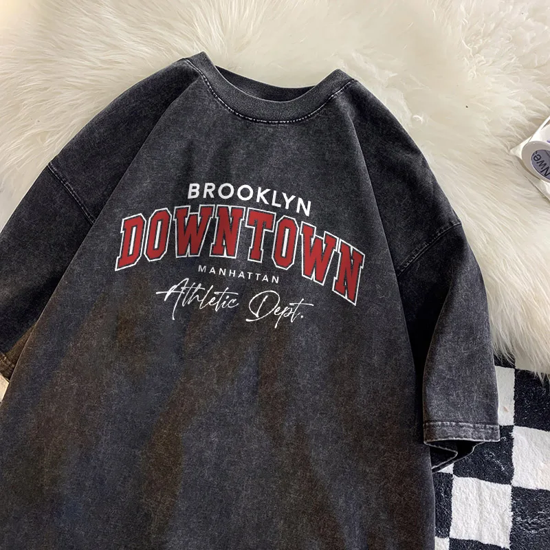 Brooklyn Downtown Letter T-shirt Men Manhattan Street Shirt Cotton Vintage Washed Tee Unisex Breathable Fabric T-shirts Men Tiki