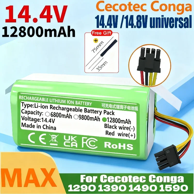 

Высокоёмкий аккумулятор 14.4V 12.8Ah для роботов-пылесосов Cecotec Conga 1490, 1590, 1290, 1390, Gutrend Echo520 (оригинальный)