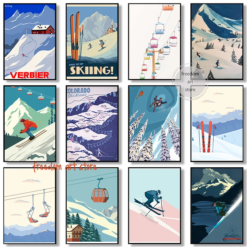 Vintage Ski Lift Skiing Winter Mountain Landscape Mountaintops Gondola Art Poster Canvas Painting Wall Prints Picture Home Decor