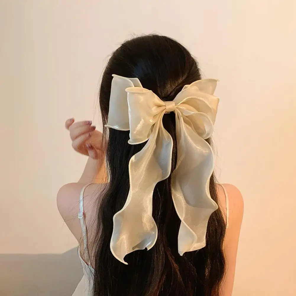 Elegant Bow Ribbon Hair Clip Fashion Simple Solid Satin Spring Clip HairPin Retro Headband with Clips Girls Hair Accessories