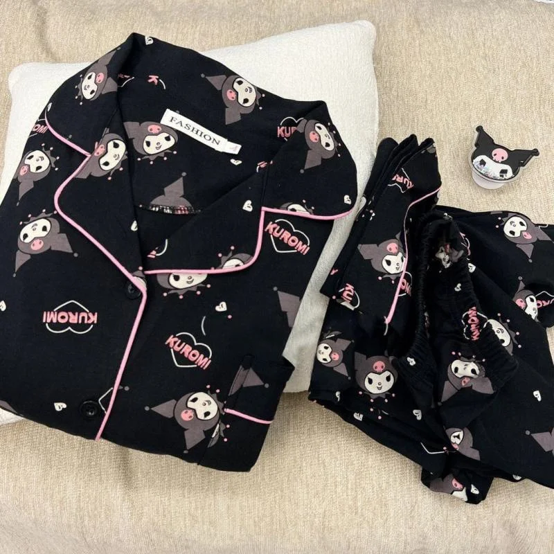 Kawaii Sanrios Kuromi zestawy piżam wiosenny i jesienny bawełniana piżama z kreskówek dla kobiet ładny zestaw odzież domowa na co dzień