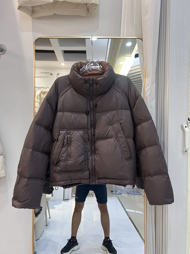 سترة شتوية جديدة بسيطة للنساء بنمط قصير النسخة الكورية بياقة واقفة ورباط غير متماثل معطف أسفل البط