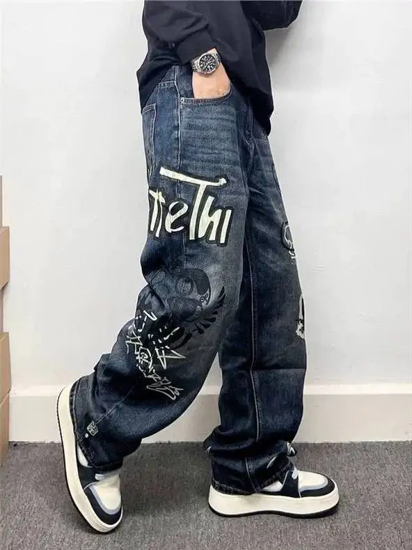 

Retro fiti Loose Straight Leg Jeans for Men Street Sle Personalized Print Casual Wear All Seasons Comfortable Denim