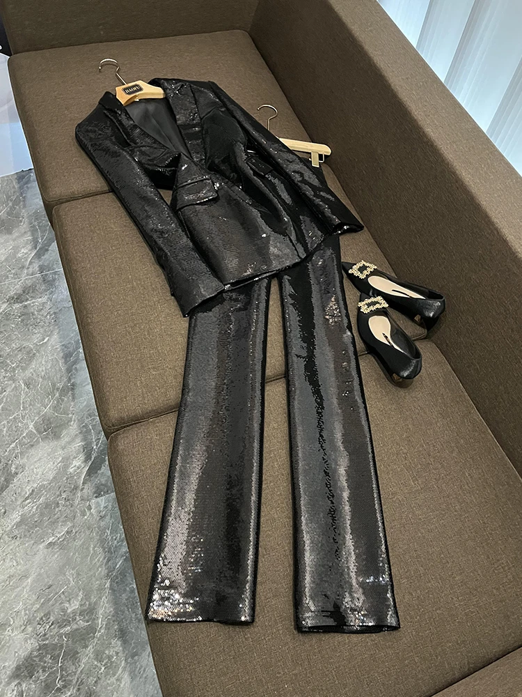 

Spring Fashion Blingbling Shiny Sequin Bling Bling Workwear Women's Suit Set Two-Piece Set Commute Style Winter Universal