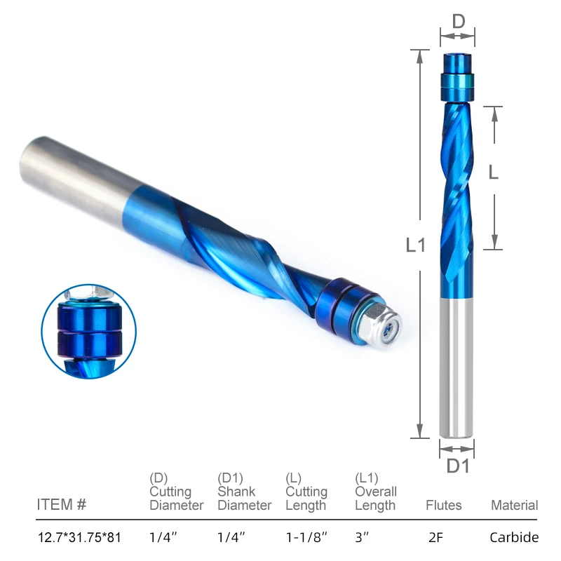 XCAN Router Bit Two Flute Flush Trim Wood Milling Cutter UP Cut Mill with Bearing 1/4 1/2 Shank Spiral End Mill