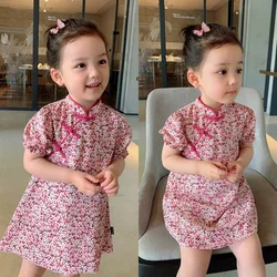 Baby Girls Children Cheongsam Summer Chinese-Style Floral Print Short sleeved Dress A-LINE Embroidered Girls Dresses 1-7Years