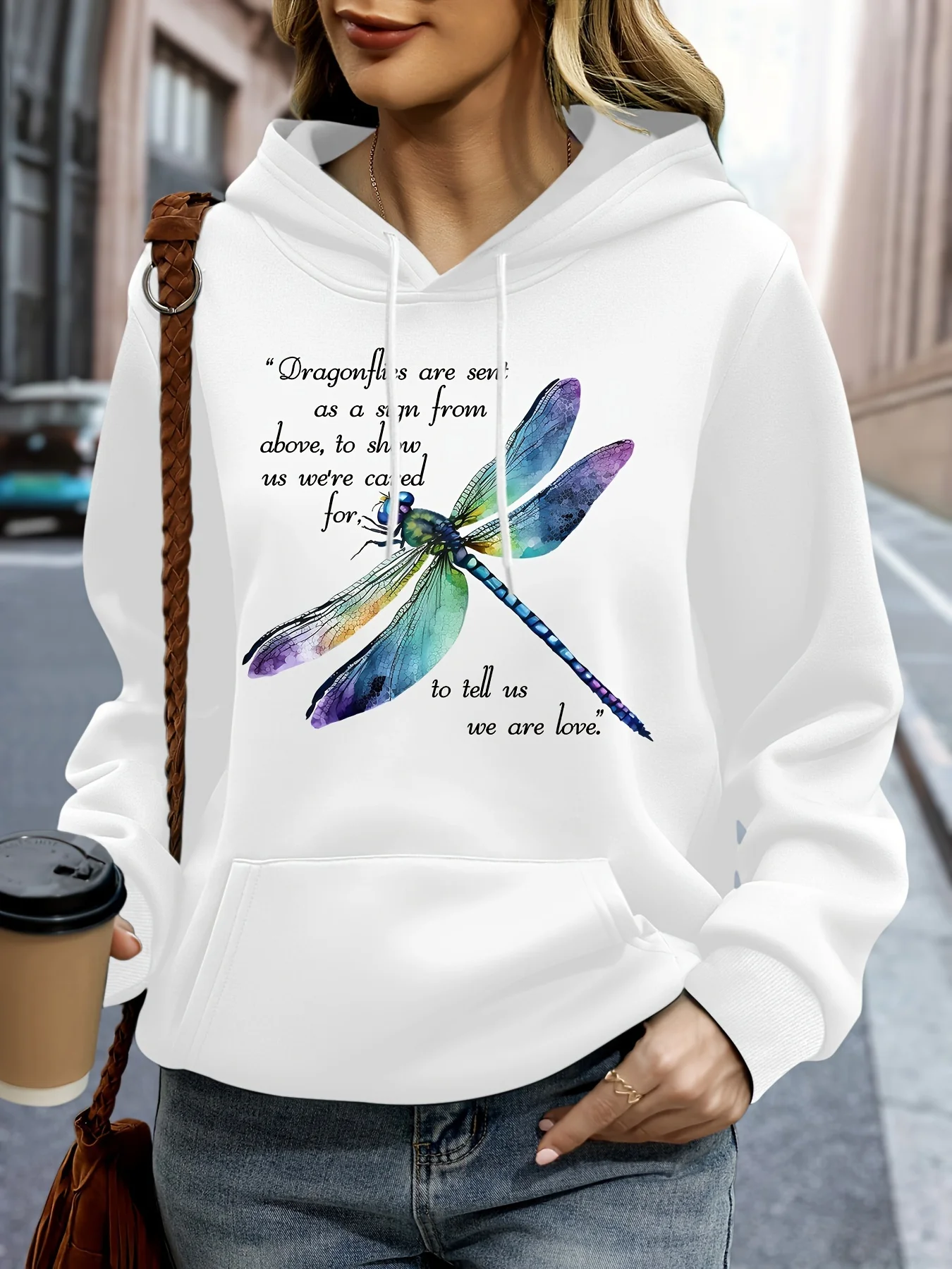 Women'S Dragonfly Print Hoodie - Lavender Casual Pullover with Inspirational Quotes Design, Warm And Comfortable for Autumn And Winter, Machine Washable Soft Fabric, Fashionable Casual Top