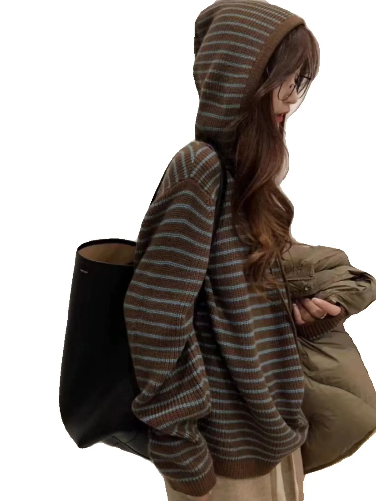 Western stripes pure cashmere hooded sweater women wear autumn and winter loose hoodie woolen hoodie base sweater