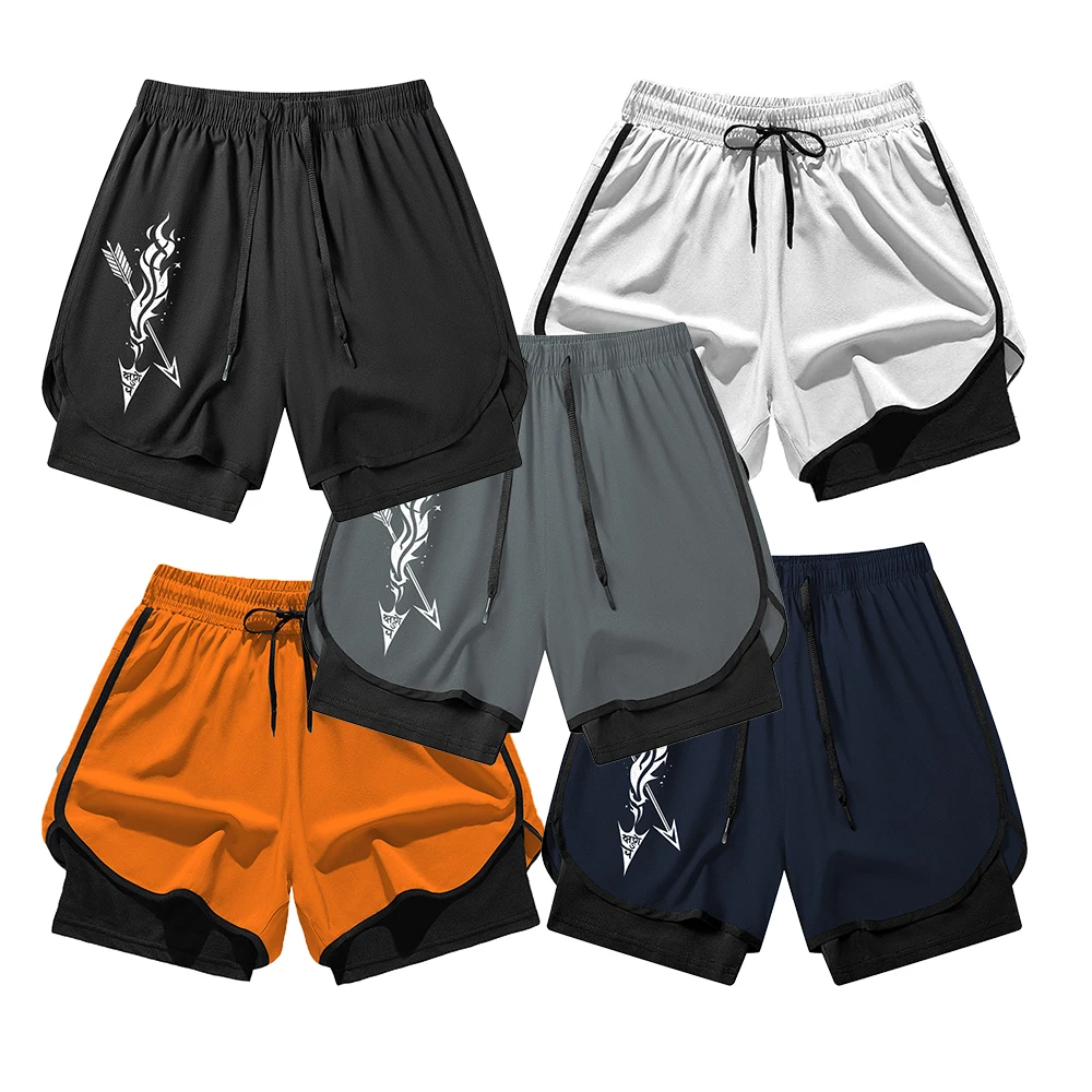

Summer Men's Dual Layer Gym Shorts Back Towel Loop Phone Pocket "Arrow Feather" Graphic Print Outdoor Casual Short Pants