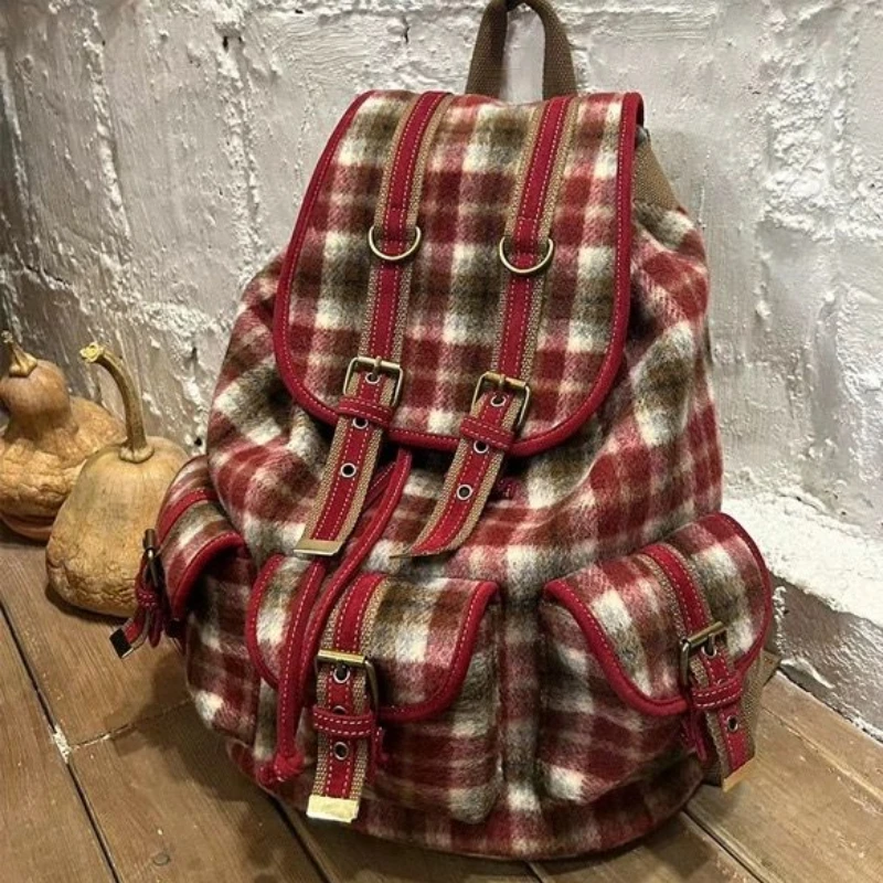 Korea Fashion Retro Red Plaid Cute Tweed Backpack Women Autumn Winter Christmas New Year Y2k Large Capacity Drawstring Schoolbag