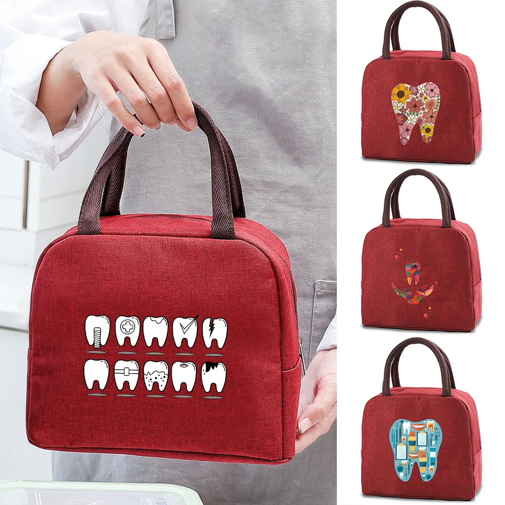 Women Thermal Lunch Bags for Children Canvas Picnic Box Handbags Teeth Print Cooler Bag Dinner Packed Food Insulated Lunch Bags