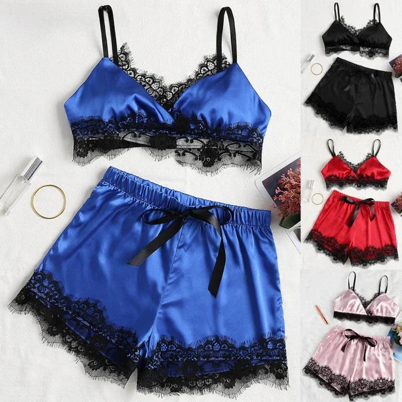 Sexy Lingerie Women's Sleep Shirts Nightwear Women Sexy Lace Split Sleepwear Set 2-piece Set of Camisole Underwear Lace Shorts