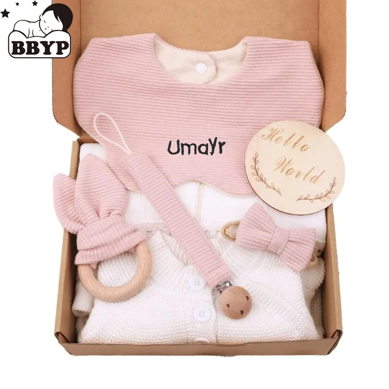 

Personalized name Birth Set Gift Box Includes Pacifier Chain, Teethers, Bibs, Crawlers and Blankets